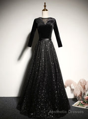 Black Tulle Sequins Velvet Short Sleeve Prom Dress