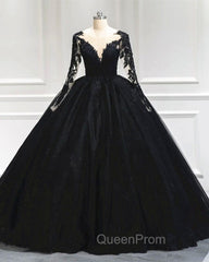 Black Tulle Sheer Neck Appliques Ball Gown Dresses