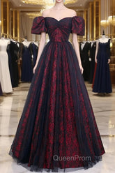 Black Tulle Short Sleeve Evening Dresses, Off the Shoulder Evening Prom Dresses