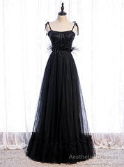 Black Tulle Spagehtti Straps Sequins Feather Prom Dress