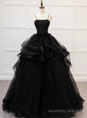 Black Tulle Spaghetti Straps Prom Dress