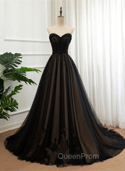 Black Tulle Sweetheart A-line Evening Dresses with Lace, Black Long Evening Prom Dresses