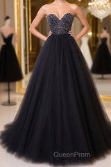 Black tulle sweetheart neck long Evening Prom Dresses, black evening Dresses