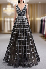 Black Tulle V-neck Beading Sequins Evening Prom Dresses