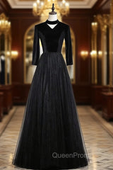 Black Tulle Velvet High Neck Long Sleeve Evening Prom Dresses