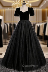 Black Tulle Velvet Short Sleeve Evening Prom Dresses