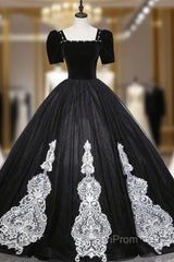 Black Tulle Velvet Short Sleeve Quinceanera Dresses