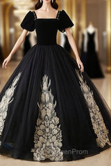 Black Tulle Velvet Square Short Sleeve Appliques Quinceanera Dresses