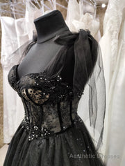Black Tulle with Lace Straps Long Formal Dress, Black Long Evening Dress Prom Dress