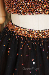 Black Two Pieces Beads Tulle Short Evening Prom Dresses Black Homecoming Dresses