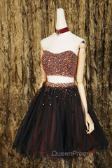Black Two Pieces Beads Tulle Short Evening Prom Dresses Black Homecoming Dresses