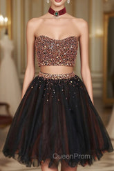 Black Two Pieces Beads Tulle Short Evening Prom Dresses Black Homecoming Dresses