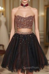 Black Two Pieces Beads Tulle Short Evening Prom Dresses Black Homecoming Dresses