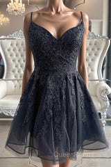 Black V Neck Backless Lace Short Evening Prom Dresses, Backless Black Lace Homecoming Dresses, Black Lace Formal Evening Dresses