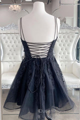 Black V Neck Backless Lace Short Evening Prom Dresses, Backless Black Lace Homecoming Dresses, Black Lace Formal Evening Dresses