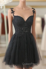 Black V Neck Beaded Tulle And Lace Evening Prom Dresses, Cute Black Homecoming Dresses