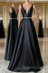Black V Neck Beading Satin Evening Prom Dresses