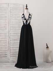 Black V Neck Chiffon Lace Long Prom Dress Black Evening Dress