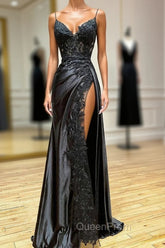Black V-Neck Lace Long Evening Dresses, Black Spaghetti Strap Evening Gown with Leg Slits