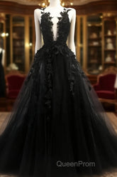 Black V Neck Lace Long Evening Prom Dresses A Line Evening Dresses