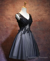Black V Neck Lace Short Prom Dress, Black Evening Dress
