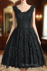 Black V-neck Evening Prom Dresses A-line Knee-length Homecoming Dresses
