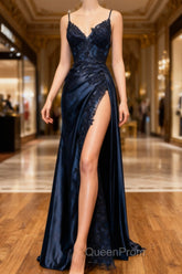 Dark Blue V Neck Satin Lace Long Evening Prom Dresses, Dark Blue Lace Long Evening Dresses