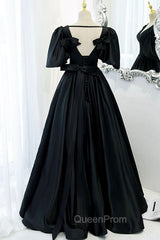 Black V-Neck Satin Long Evening Prom Dresses, A-Line Short Sleeve Evening Dresses