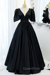 Black V-Neck Satin Long Evening Prom Dresses, A-Line Short Sleeve Evening Dresses