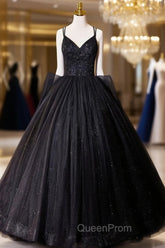 Black V-Neck Tulle Lace Evening Prom Dresses, Gorgeous A-Line Evening Party Dresses