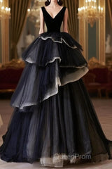 Black V Neck Tulle Long Evening Prom Dresses, Black Long Evening Dresses