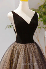 Black V-Neck Tulle Short Evening Prom Dresses, A-Line Black Tea Length Party Dresses