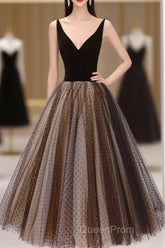 Black V-Neck Tulle Short Evening Prom Dresses, A-Line Black Tea Length Party Dresses