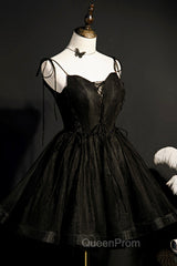 Black V-Neck Tulle Short Evening Prom Dresses, Black A-Line Homecoming Party Dresses