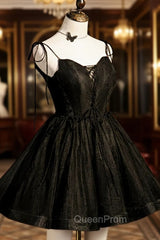Black V-Neck Tulle Short Evening Prom Dresses, Black A-Line Homecoming Party Dresses
