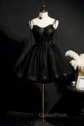 Black V-Neck Tulle Short Evening Prom Dresses, Black A-Line Homecoming Party Dresses