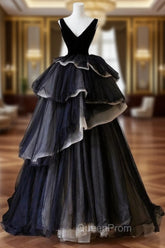 Black V Neck Tulle Velvet Long Evening Prom Dresses, Black Long Evening Dresses