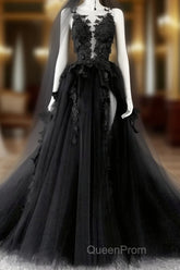 Black V-Neckline Backless Tulle With Lace Party Dresses, Black Long Evening Prom Dresses