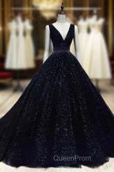 Black V-neckline Shiny Tulle Beaded Sweet 16 Dresses, Black Evening Dresses