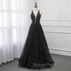 Black V-neckline Tulle and Satin Long Straps Cross Back Evening Prom Dresses, Floor Length Evening Dresses