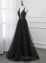 Black V-neckline Tulle and Satin Long Straps Cross Back Evening Prom Dresses, Floor Length Evening Dresses