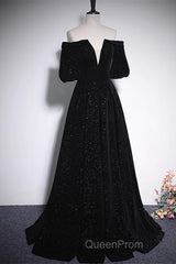 Black V-Neckline Velvet Off Shoulder Party Dresses, A-Line Black Evening Prom Dresses Evening Dresses
