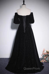 Black V-Neckline Velvet Off Shoulder Party Dresses, A-Line Black Evening Prom Dresses Evening Dresses