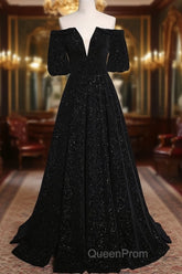 Black V-Neckline Velvet Off Shoulder Party Dresses, A-Line Black Evening Prom Dresses Evening Dresses