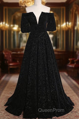 Black V-Neckline Velvet Off Shoulder Party Dresses, A-Line Black Evening Prom Dresses Evening Dresses