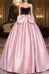 Black Velvet and Pink Satin Long Evening Prom Dresses with Bow, Beautiful A-Line Strapless Evening Party Dresses