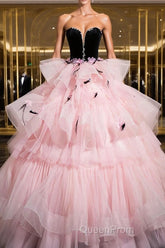 Black Velvet And Pink Tulle Strapless Ball Gown, Pink Backless Ruffles Formal Evening Dresses