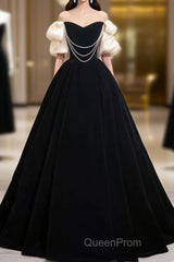 Black Velvet Floor Length Evening Prom Dresses, Off The Shoulder A-Line Evening Party Dresses