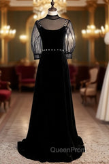 Black Velvet High Short Sleeve Backless Beading Evening Prom Dresses