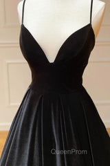 Black Velvet Long A-Line Evening Prom Dresses, V-Neck Backless Evening Dresses